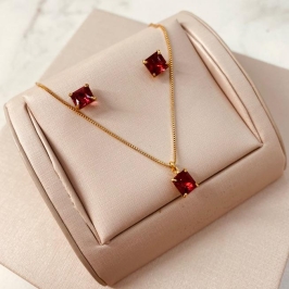 CJ OURO ZIRCONIA QUADRADA RUBI