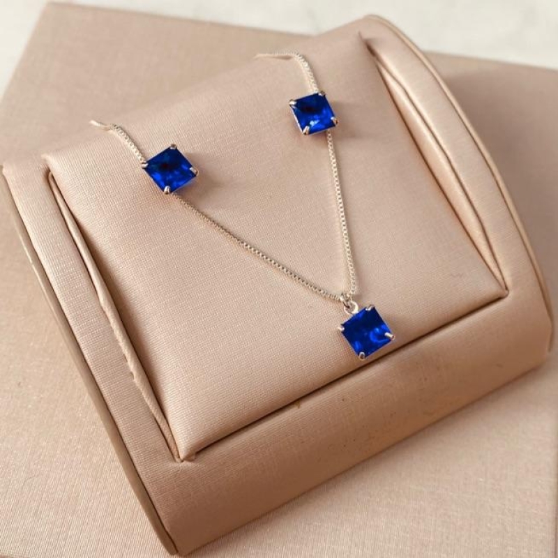 CJ PRATA ZIRCONIA QUADRADA SAFIRA