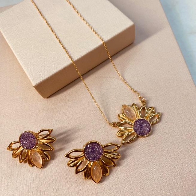 CJ OURO FLOR QUARTZO E AMETISTA