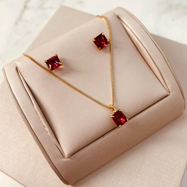 CJ OURO ZIRCONIA QUADRADA RUBI