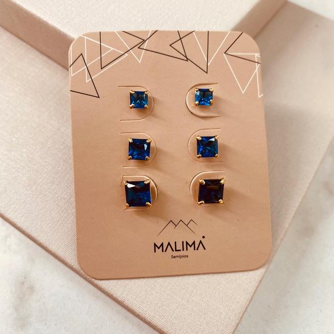 TR OURO ZIRCONIA QUADRADA AZUL MARINHO