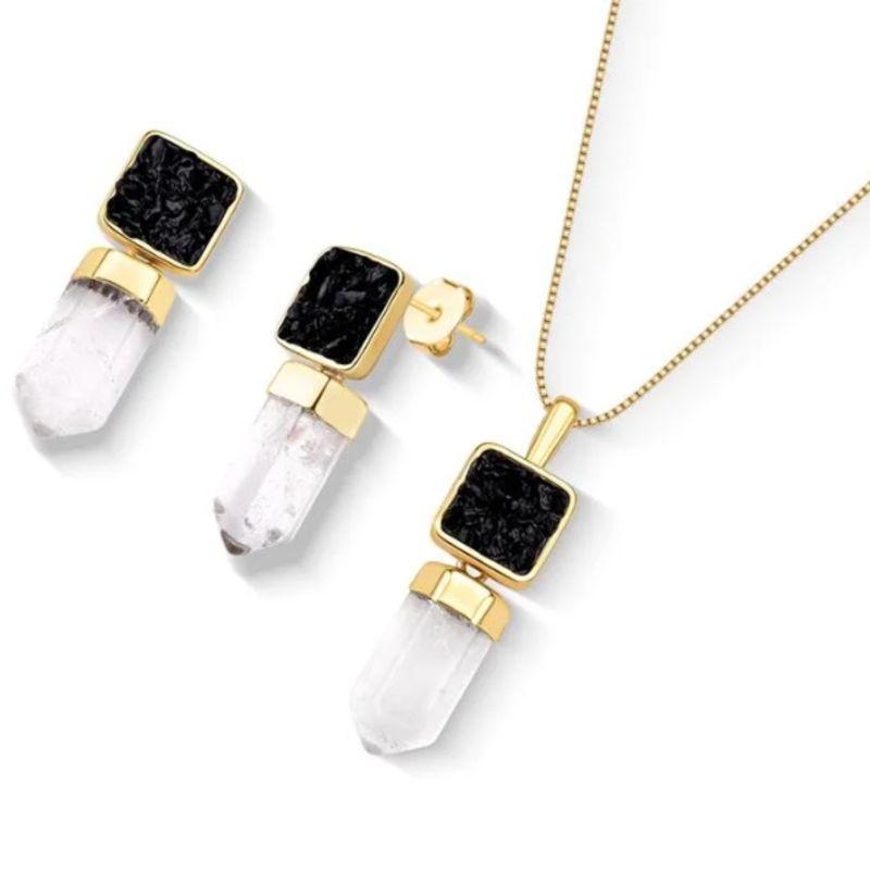 CJ OURO CRISTAL DE ROCHA E TURMALINA QUADRADA