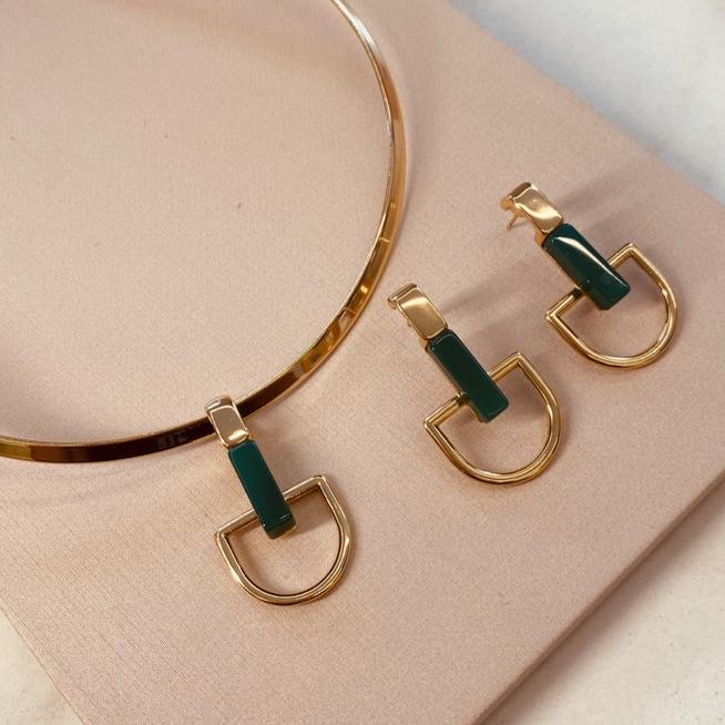 CJ OURO GEOMÉTRICO ÁGATA VERDE