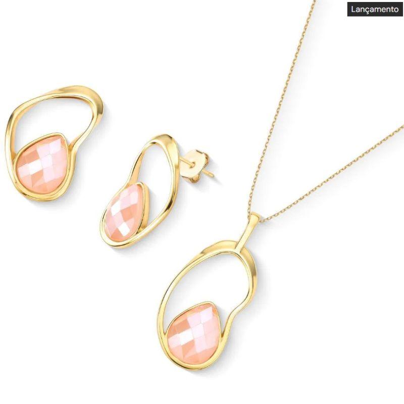 CJ OURO ORGANICO VAZADO QUARTZO ROSA FACETADO