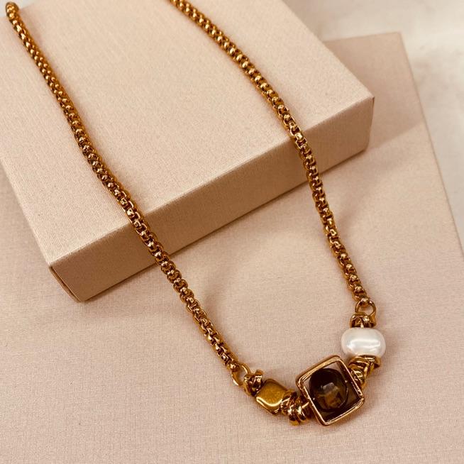 CL OURO PEROLA SHELL/OLHO DE TIGRE LAPIDADA